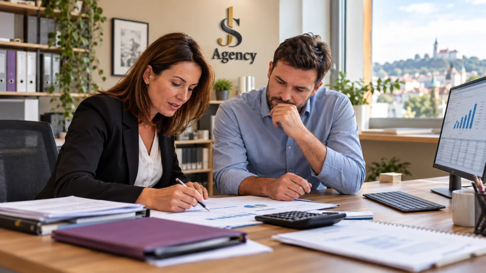 Účtovníctvo v Nitre – konzultácia majiteľa s. r. o. s účtovníčkou nad dokladmi a finančným prehľadom v kancelárii J.S. Agency.